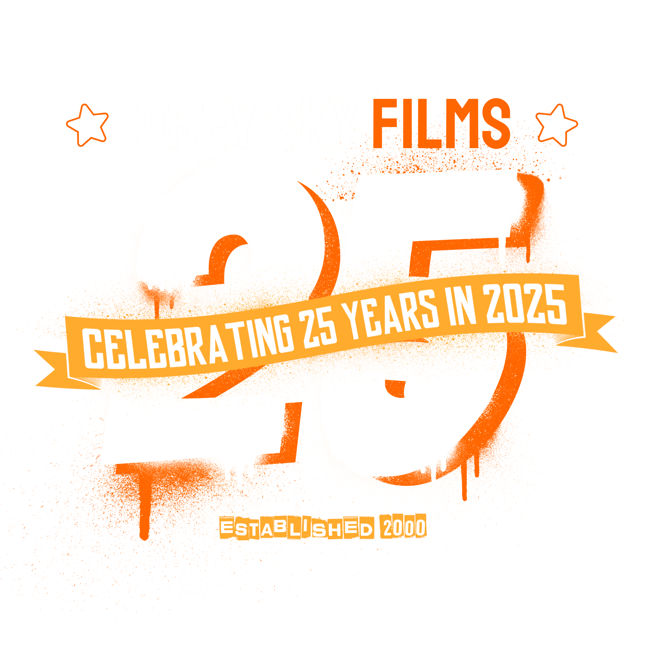 Official 25th anniversary logo for Grey Sky Films, commemorating 25 years of creative video production since the company’s founding in 2000. This bold, celebratory design features spray-painted numerals, star icons, and a banner reading “Celebrating 25 Years in 2025.”