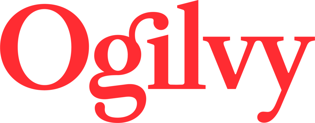 Red Ogilvy text logo in serif typeface