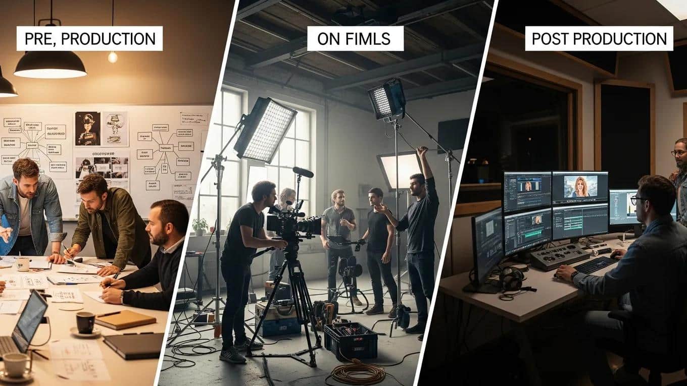Different stages of video production services including pre-production, filming, and editing